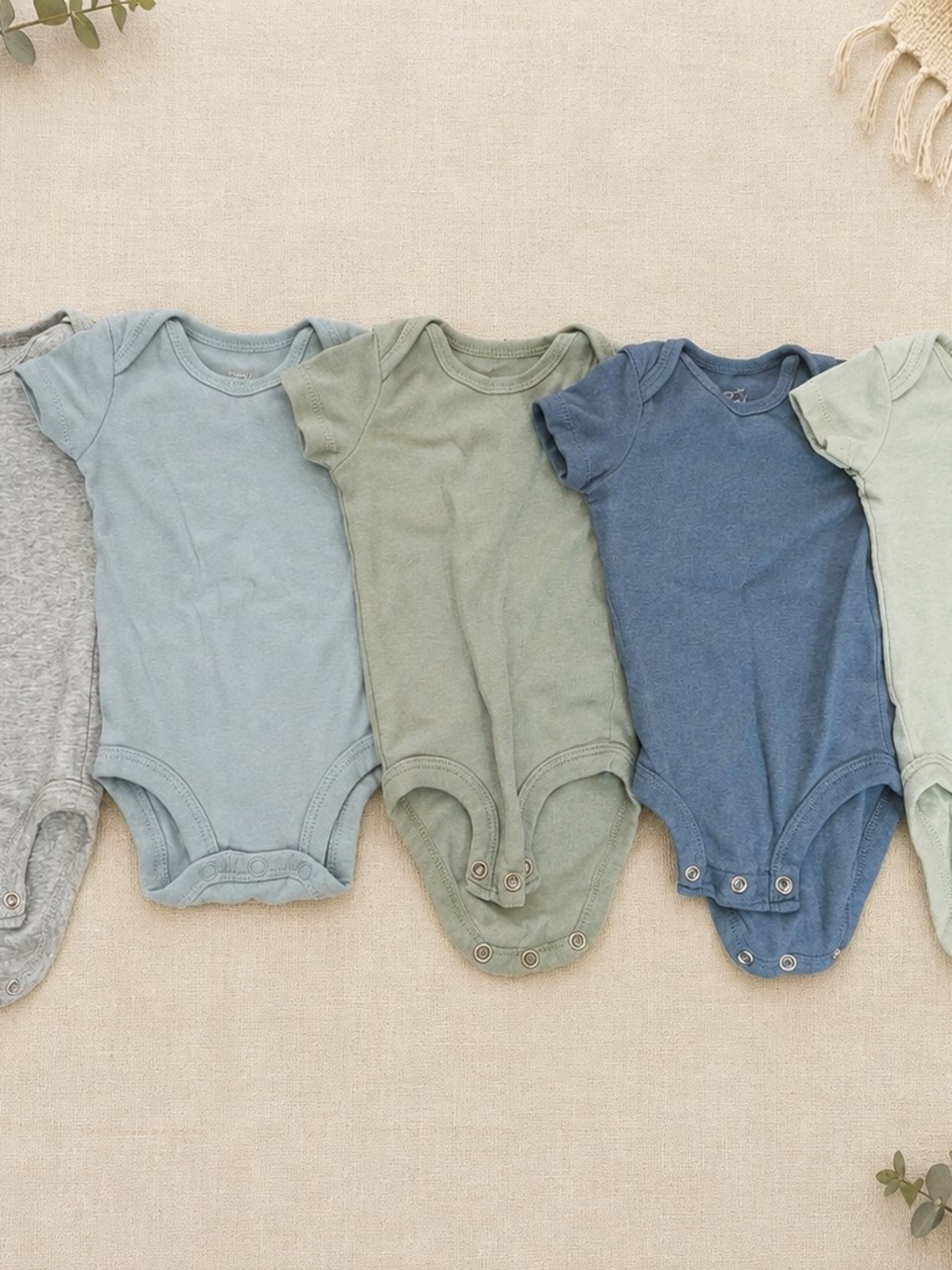 Baby Cotton Short-Sleeve One-Piece Bodysuit in Blue, Green, and Gray - Unbranded